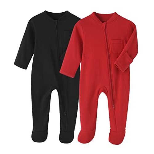 BINIDUCKLING Neugeborenes Säugling Klassische Schlafanzug 2er Pack Baby Junge Mädchen Reißverschluss Strampler-Set,Schwarz+Rot,6 Monate von BINIDUCKLING