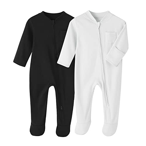 BINIDUCKLING Neugeborenes Säugling Klassische Schlafanzug 2er Pack Baby Junge Mädchen Reißverschluss Strampler-Set,Schwarz+Weiß,6 Monate von BINIDUCKLING