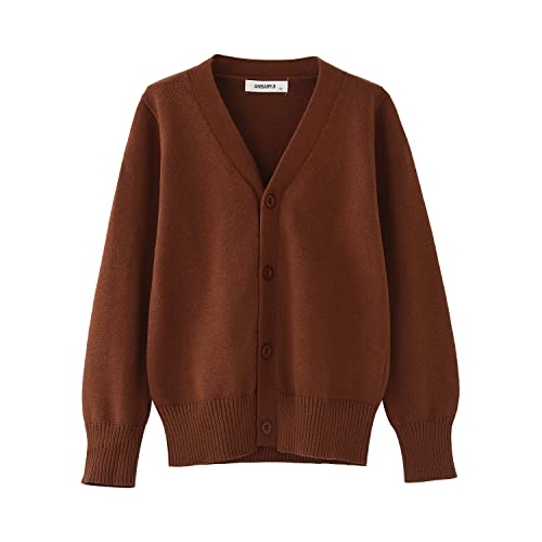 BUNIDUCKLING Mädchen Langarm Strickjacke mit Knöpfen - V-Ausschnitt Kinder Cardigan Baumwolle Schuluniform (Braun, 150) von BINIDUCKLING