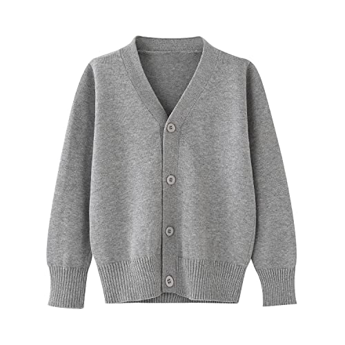 BUNIDUCKLING Mädchen Langarm Strickjacke mit Knöpfen - V-Ausschnitt Kinder Cardigan Baumwolle Schuluniform (Hell Grau, 100) von BINIDUCKLING