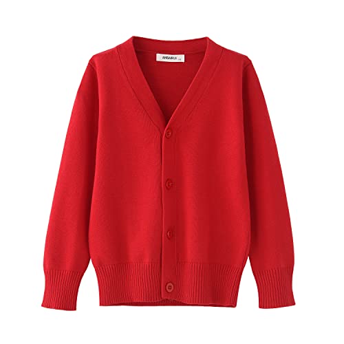 BUNIDUCKLING Mädchen Langarm Strickjacke mit Knöpfen - V-Ausschnitt Kinder Cardigan Baumwolle Schuluniform (Rot, 150) von BINIDUCKLING