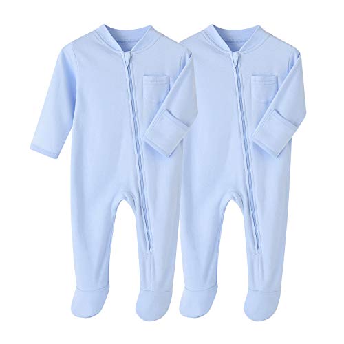 Neugeborenes Säugling Klassische Schlafanzug 2er Pack Baby Junge Mädchen Reißverschluss Strampler-Set,Hellblau,6 Monate von BINIDUCKLING