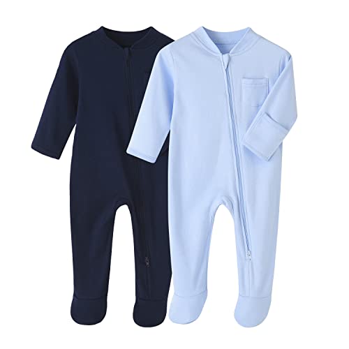 BINIDUCKLING Neugeborenes Säugling Klassische Schlafanzug 2er Pack Baby Junge Mädchen Reißverschluss Strampler-Set,Marineblau+Hellblau,12 Monate von BINIDUCKLING