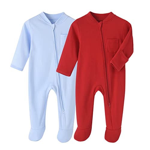 BINIDUCKLING Neugeborenes Säugling Klassische Schlafanzug 2er Pack Baby Junge Mädchen Reißverschluss Strampler-Set,Rot+Hellblau,3 Monate von BINIDUCKLING