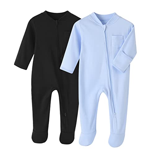 Neugeborenes Säugling Klassische Schlafanzug 2er Pack Baby Junge Mädchen Reißverschluss Strampler-Set,Schwarz+Hellblau,9 Monate von BINIDUCKLING