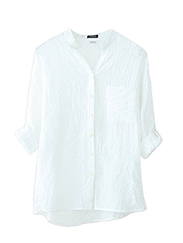 BININBOX Damen Bequeme Leinen Bluse Hemd V-Ausschnitt Stehkragen 3/4-Arm Leinenbluse Langarm-Shirt (4 Farben) (32, Weiß) von BININBOX