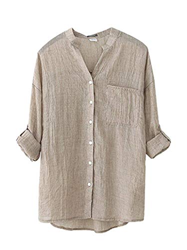 BININBOX Damen Bequeme Leinen Bluse Hemd V-Ausschnitt Stehkragen 3/4-Arm Leinenbluse Langarm-Shirt (4 Farben) (38, Khaki) von BININBOX