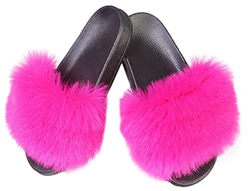BININBOX Damen-Schlappen mit Kunstfell Elegante Sommer-Sandalen Fell-Hausschuhe Gummi-Slipper mit Faux Fuchsfell (Rosarot, EU 38-39) von BININBOX