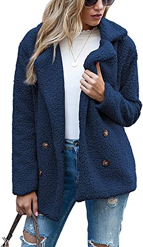 BININBOX Damen Teddyjacke Strickjacke flauschige fleecejacke Knopfverschluss Kerbkragen Herbst Winter warm (3XL, Marineblau) von BININBOX