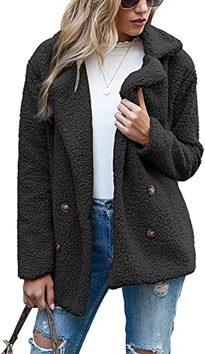 BININBOX Damen Teddyjacke Strickjacke flauschige fleecejacke Knopfverschluss Kerbkragen Herbst Winter warm (L, Schwarz) von BININBOX