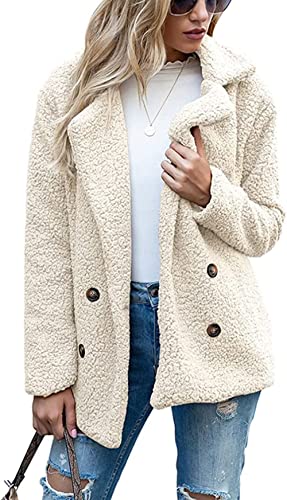 BININBOX Damen Teddyjacke Strickjacke flauschige fleecejacke Knopfverschluss Kerbkragen Herbst Winter warm (L, Weiß) von BININBOX