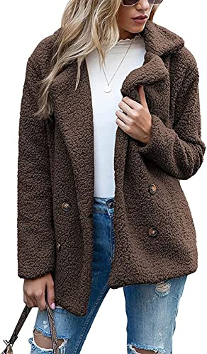 BININBOX Damen Teddyjacke Strickjacke flauschige fleecejacke Knopfverschluss Kerbkragen Herbst Winter warm (M, Braun) von BININBOX