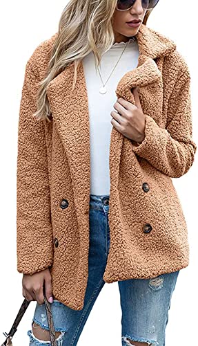 BININBOX Damen Teddyjacke Strickjacke flauschige fleecejacke Knopfverschluss Kerbkragen Herbst Winter warm (S, Kamel) von BININBOX