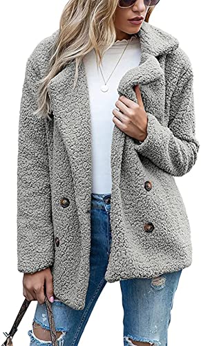BININBOX Damen Teddyjacke Strickjacke flauschige fleecejacke Knopfverschluss Kerbkragen Herbst Winter warm (XXL, Hellgrau) von BININBOX