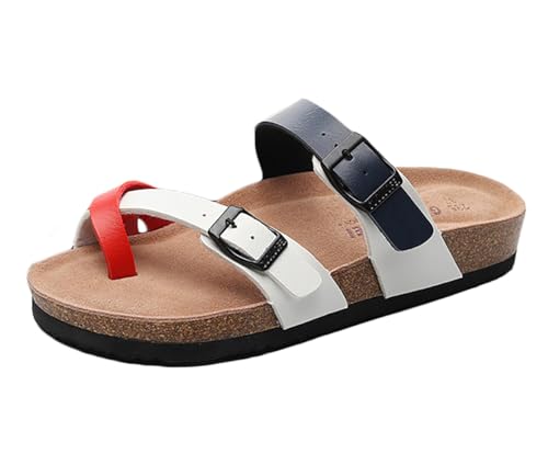 BININBOX Damen pantoletten aus leder mit verstellbare schnalle, Bequeme hausschuhe für frauen mit kork-fussbett (Rot Weiß Blau, numeric_38) von BININBOX