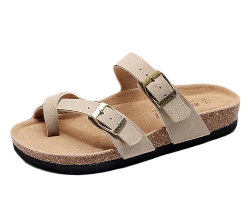 BININBOX Damen pantoletten aus leder mit verstellbare schnalle, Bequeme hausschuhe für frauen mit kork-fussbett (nicht-gerade weiss, numeric_39) von BININBOX