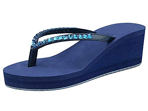 BININBOX Flip Flops Damen Keilabsatz Plateausohle Heel Strass Zehentrenner Sommer Pool Strand Sandalen (35, Blau) von BININBOX