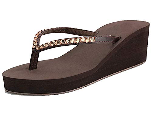 BININBOX Flip Flops Damen Keilabsatz Plateausohle Heel Strass Zehentrenner Sommer Pool Strand Sandalen (38, Braun) von BININBOX