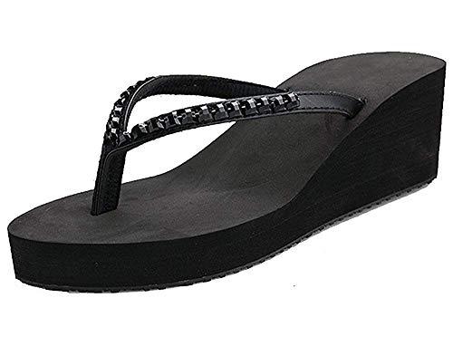 BININBOX Flip Flops Damen Keilabsatz Plateausohle Heel Strass Zehentrenner Sommer Pool Strand Sandalen (38, Schwarz) von BININBOX