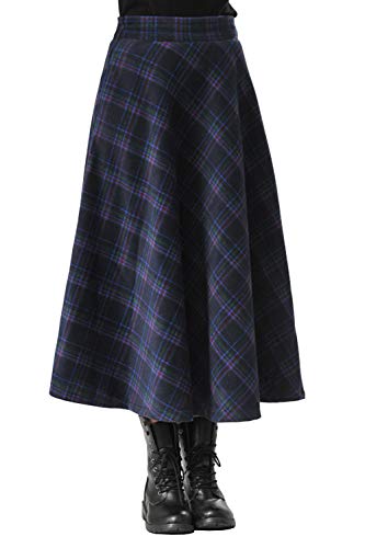 BININBOX Mädchen Damen Retro hohe Taille A-Linie Rock Thicken Karierten Rock Faltenröcke Wollrock Tellerrock Herbst Winterrock Lang (2XL, Blau) von BININBOX