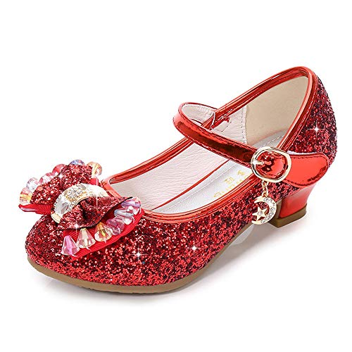 BININBOX Mädchen Schuhe Prinzessin Glitzer Partei Sandalen Kinder Kleid Absatzschuhe Pumps Partei Fasching Kostüm Zubehör Pailletten Kristall Ballerinas Schuhe(30 EU,Rot) von BININBOX