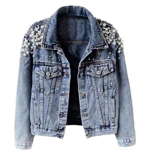 BININBOX Perlenbesetzte Jeansjacke Damen Cropped Langarm Mode Freizeitjacke Große Perle Denim Revers lockere Passform (4XL, Blau, Mehr Perlen) von BININBOX