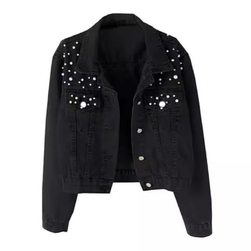 BININBOX Perlenbesetzte Jeansjacke Damen Cropped Langarm Mode Freizeitjacke Große Perle Denim Revers lockere Passform (XXL, Schwarz) von BININBOX