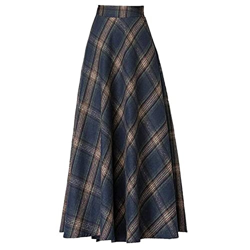 BININBOX Röcke Herbst- und Winterrock Elegant Maxirock für Damen Warm Plissee Plaid Verdicken Lange Wolle (Dunkelblau, XS) von BININBOX