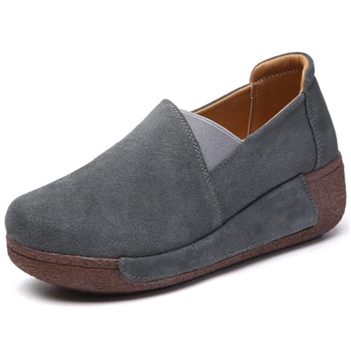BININBOX Schuhe Plateau Leder für Damen Lässige Loafer Mokassins Slip-On-Schuhe Damenschuhe Bequeme für Herbst Winter 38 EU Grau von BININBOX