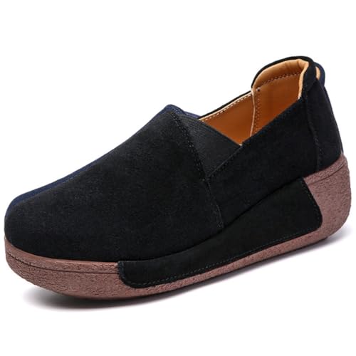 BININBOX Schuhe Plateau Leder für Damen Lässige Loafer Mokassins Slip-On-Schuhe Damenschuhe Bequeme für Herbst Winter 38 EU Schwarz von BININBOX