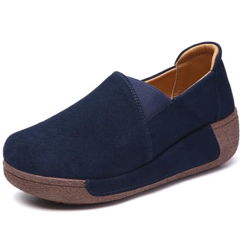 BININBOX Schuhe Plateau Leder für Damen Lässige Loafer Mokassins Slip-On-Schuhe Damenschuhe Bequeme für Herbst Winter 39 EU Blau von BININBOX