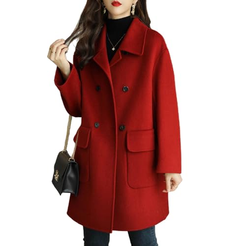 BININBOX Stilvoller Moderner Wollmantel für Damen, Halblanger Trenchcoat mit Winddichten Großtaschen(L,Rot Verstärkte Version) von BININBOX