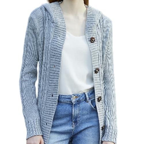 BININBOX Warme Karierte Damen-Hutjacke Hoodie-Strickjacke Kapuzenpullover mit Gürtel(Grau) von BININBOX