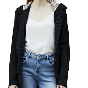 BININBOX Warme karierte Damen-Hutjacke Hoodie-Strickjacke Kapuzenpullover mit Gürtel(schwarz) von BININBOX