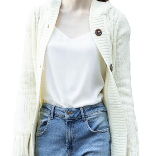 BININBOX Warme karierte Damen-Hutjacke Hoodie-Strickjacke Kapuzenpullover mit Gürtel(weiß) von BININBOX