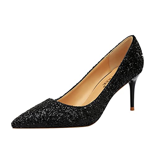 Damen Spitze Pumps Elegante Pailletten High Heels Stiletto Abendschuhe Hochzeit Prom Party mit 7cm Absatzhöhe (Schwarz, Adult, Women, Numeric_40, Numeric, eu_Footwear_Size_System, medium) von BININBOX
