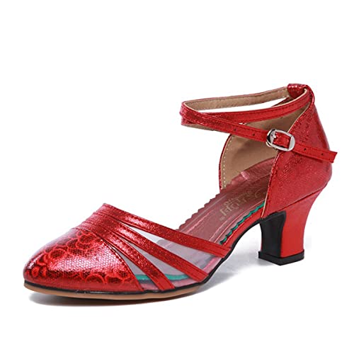 Damen Tanzschuhe Latein/Tango/Salsa Hoher Absatz Geschlossen Zehen 5,5 cm Absatz（Gummisohle）(Rot, Numeric_41) von BININBOX