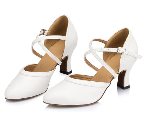 Damen Weiß Tanzschuhe Mit Absatz Brautschuhe Ballsaal Latein Tango Salsa (Absatz 7cm für Innenbereich, Numeric_37) von BININBOX