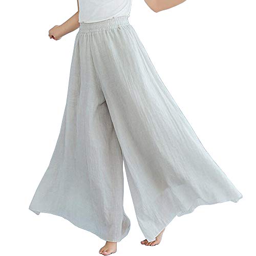 Damen elastische Hose mit hoher Taille Rock Damen weites Bein Culottes Baumwolle Leinen Lange lose Hosen (Beige, Länge 95cm) von BININBOX