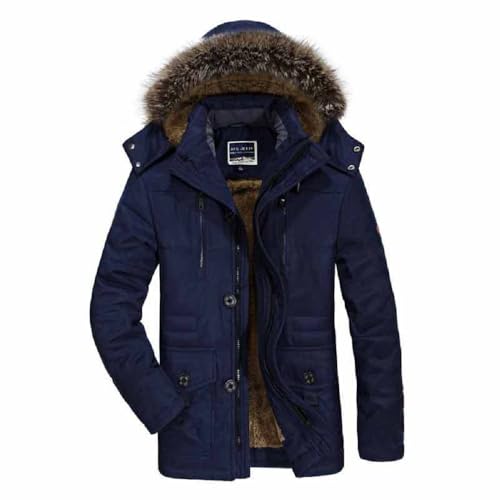 Herren Winter Parka Dicker warmer Mantel mit abnehmbarer Kapuze Lange Pelzjacke gepolsterte mittellange wattierte Jacke (3XL, Blau) von BININBOX