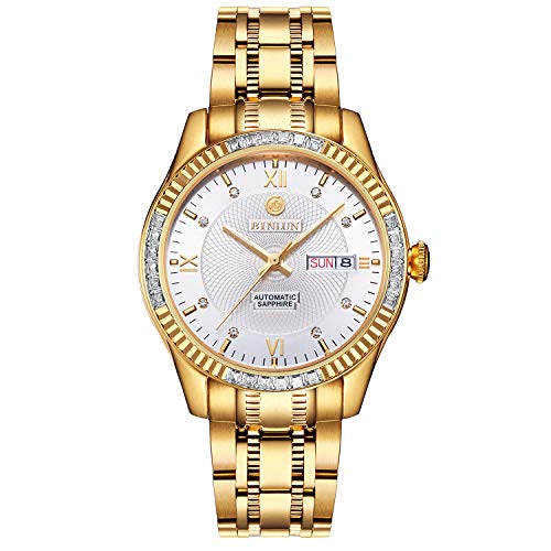 BINLUN Herren Uhren Automatik Mechanische wasserdichte Goldene Herrenuhr 18 Karat Vergoldete Leuchtende Edelstahl Armbanduhren für Männer mit Datum von BINLUN