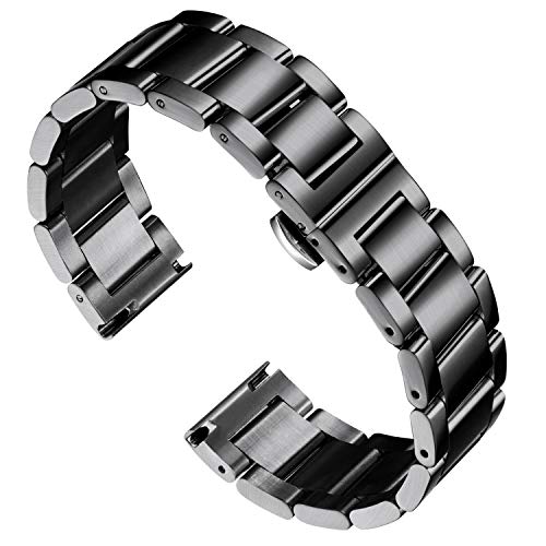 BINLUN Edelstahl Uhrenarmband Ersatz Metall Matt Gebürstet Schwarz Armband für Damen 16mm mit Schmetterlingsschnalle von BINLUN