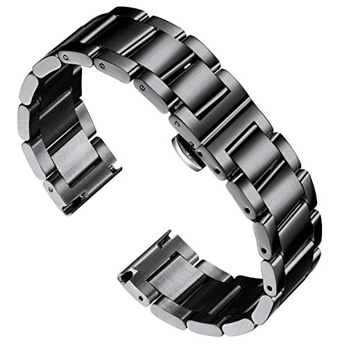 BINLUN Edelstahl Uhrenarmband Ersatzarmband Poliert Metall Uhrenarmbänder Matt Gebürstet Metallarmband für Herren Damen mit Schmetterlingsschnalle(Gebürstetes Schwarz 22mm) von BINLUN