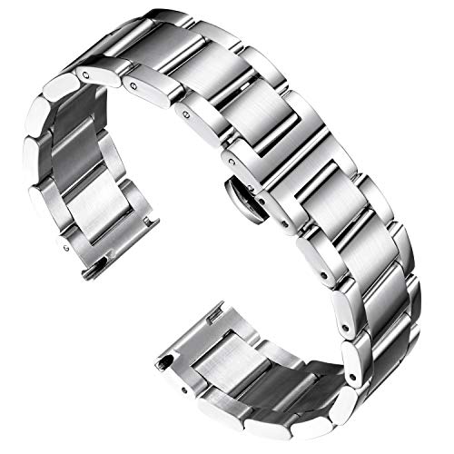 BINLUN Edelstahl Uhrenarmband Ersatzarmband Poliert Metall Uhrenarmbänder Matt Gebürstet Metallarmband für Herren Damen mit Schmetterlingsschnalle(Halbbürste Silber 20mm) von BINLUN