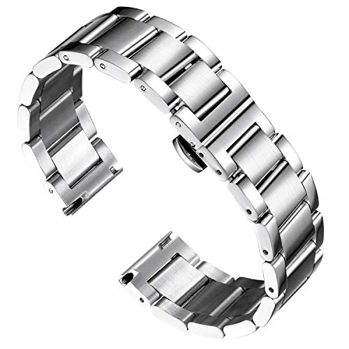 BINLUN Edelstahl Uhrenarmband Ersatz Metall Matt Halbbürste Silber Armband für Herren 21mm mit Schmetterlingsschnalle von BINLUN