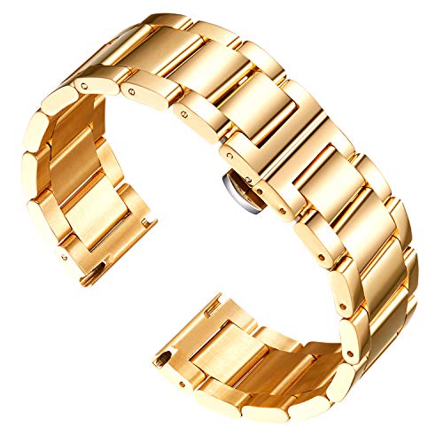 BINLUN Edelstahl Uhrenarmband Ersatz Poliertes Gold Metall Armband für Damen 16mm mit Schmetterlingsschnalle von BINLUN