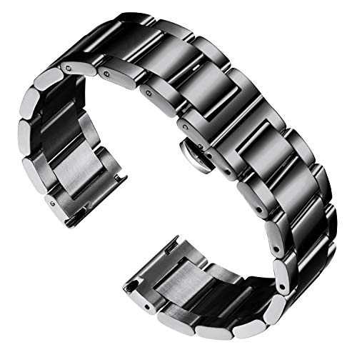 BINLUN Edelstahl Uhrenarmband Ersatz Poliertes Schwarz Metall Armband für Herren 20mm mit Schmetterlingsschnalle von BINLUN