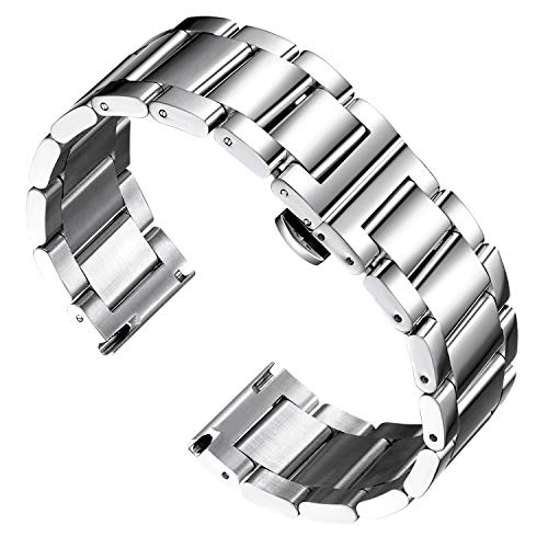 BINLUN Edelstahl Uhrenarmband Ersatz Poliertes Silber Metall Armband für Herren 24mm mit Schmetterlingsschnalle von BINLUN