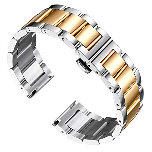 BINLUN Edelstahl Uhrenarmband Ersatz Poliertes Silber und Gold Metall Armband für Damen 16mm mit Schmetterlingsschnalle von BINLUN