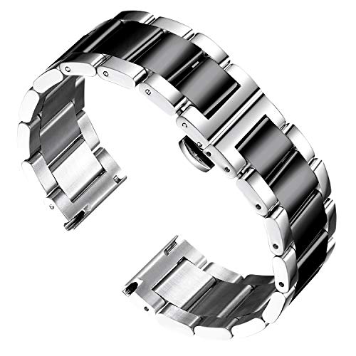 BINLUN Edelstahl Uhrenarmband Ersatz Poliertes Silber und Schwarz Metall Armband für Damen 16mm mit Schmetterlingsschnalle von BINLUN